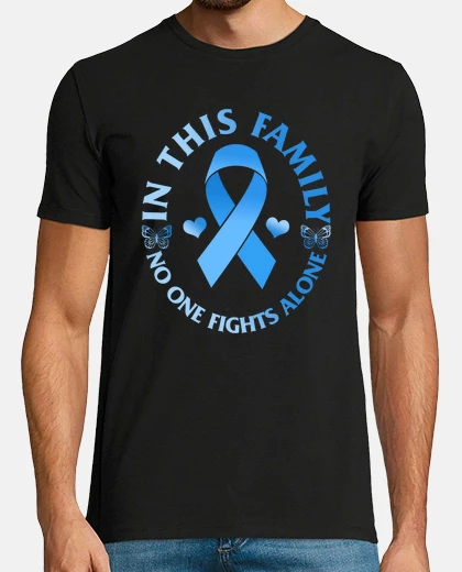 Tee-shirt Prostate Cancer Awareness In This Family No One Fights Alone Support Light Blue Ribbon Men Gift Butt