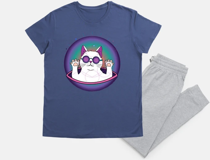 Pajama psychedelic space cat with glasses