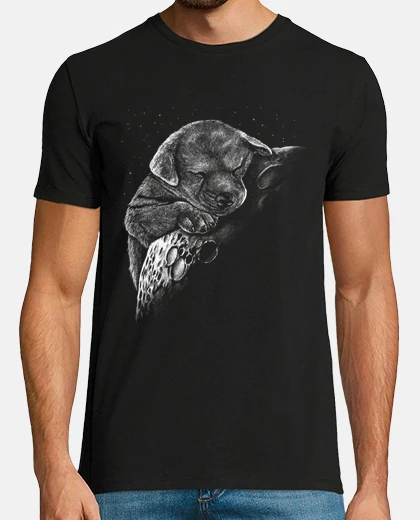 T-shirt puppy sleeping on the moon realistic drawing