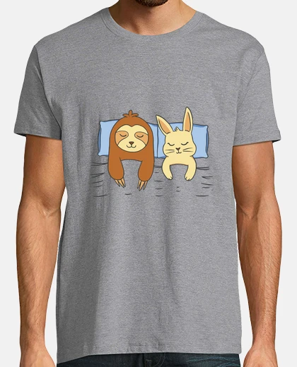 T-shirt rabbit and sloth in bed, sleeping, dreams,