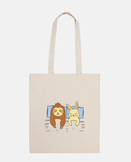 Bag rabbit and sloth in bed, sleeping, tote bag