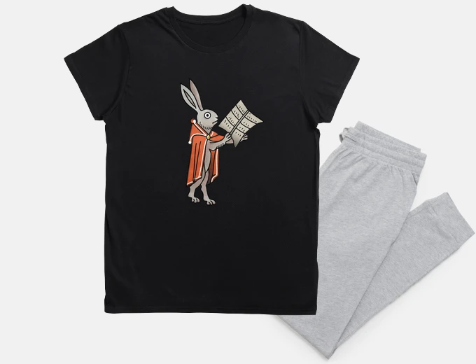 Pajama rabbit reading a manuscript