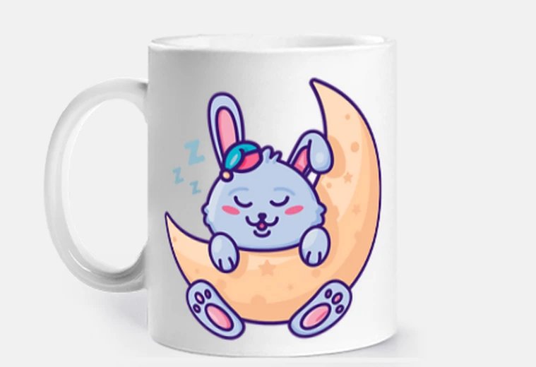 Cup rabbit sleeping on the moon cute child mug to personalize cocoa spread croissants coffee tea infusio