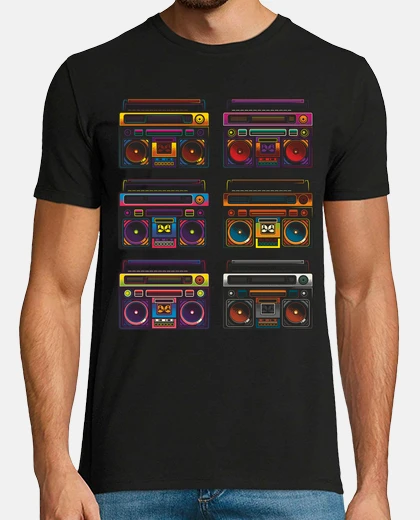 Tee-shirt radio cassette bombe boîte musique années 90 esthétique néon rétro 80
