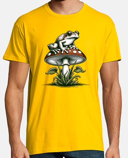 Camiseta rana posada encima de un hongo