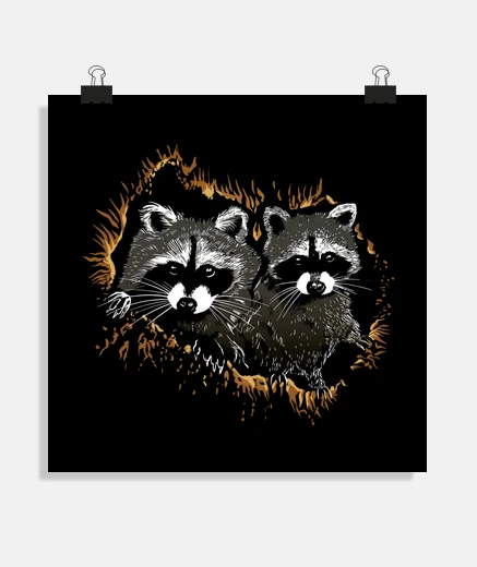 Poster ratons laveurs qui sorte d un trou , trop mignon , dessin exceptionnel pour décoration ou offrir , 
