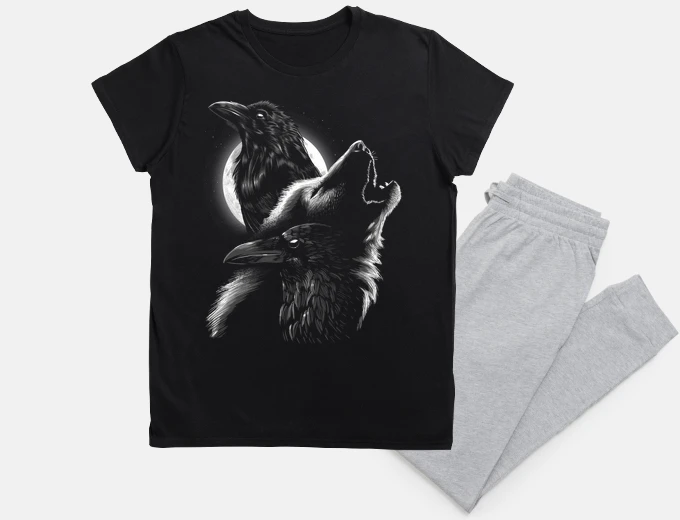 Pyjama raven and wolf under the moon