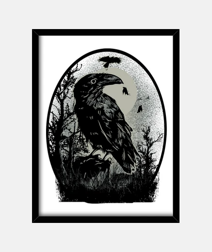 Framed raven art drawing