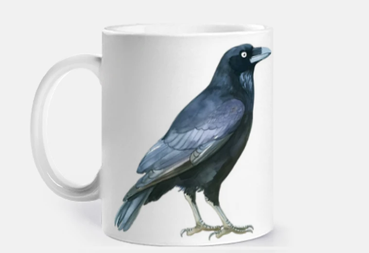 Cup raven crows rook black symbol cup coffee tea croissants infusion herbal tea
