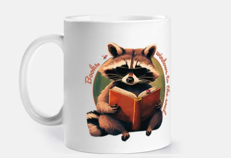 Cup reading-loving raccoon