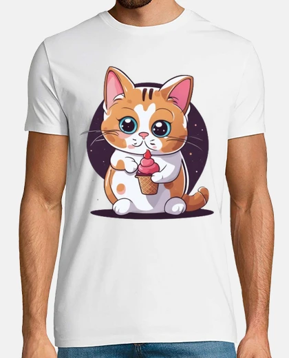 T-shirt red cat eating strawberry ice cream