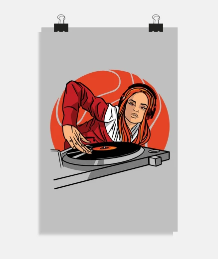 Poster redhead woman dj talented mixer, hip hop, decoration poster for dance floor evening