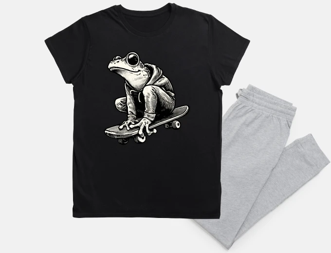 Pyjama Retro Black and White Frog Skateboarder