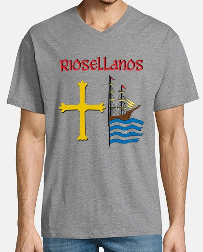 T-shirt riosellanos, light background. man, short sleeves closed v-neck, tri-blend gray