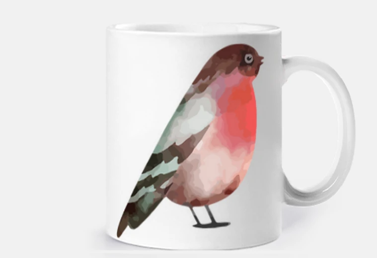 Cup robin bird singing romantic cup coffee tea milk herbal tea