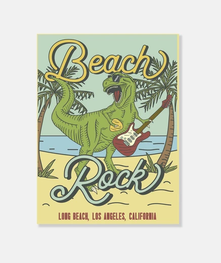 Tableau rock and roll dinosaure t-rex jouant de la guitare california beach impression sur toile