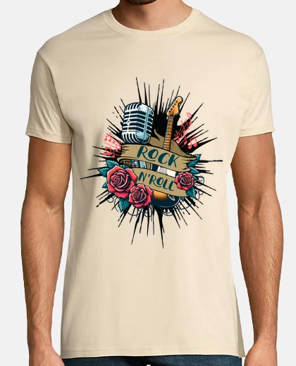 Camiseta rock n roll micrófono vintage rosas gui