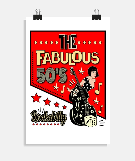 Poster rockabilly rock and roll pin up girl contrebasse fabuleux des années 50 rockers fifties affiche