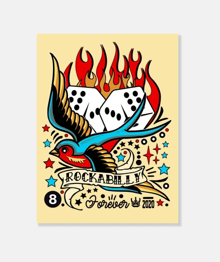 Tableau rockabilly rock n roll musique dés hirondelle flammes étoiles impression sur toile