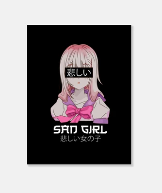  Póster de anime, diseño de una chica triste con pelo