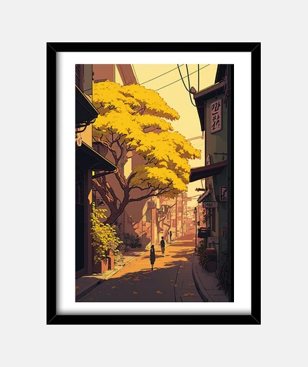 Cadre rue jaune anime esthétique japonais