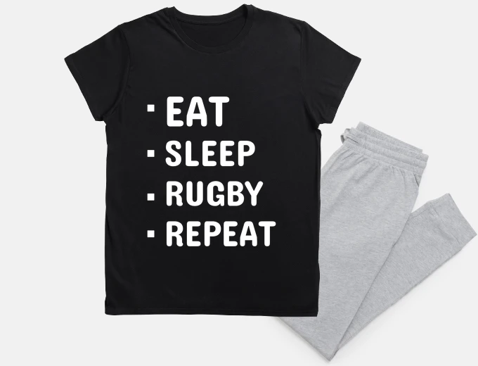 Pyjama rugby eat sleep repeat cup night sleep