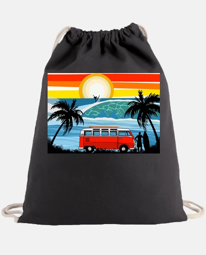 Sac sac à dos, surf, plage, van, palmiers