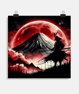 Samurai Warrior Japan Mount Fuji Blood Red Moon