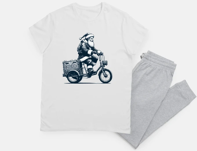 Pajama Santa Claus on cargo bike