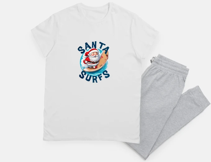 Pyjama santa claus surfing