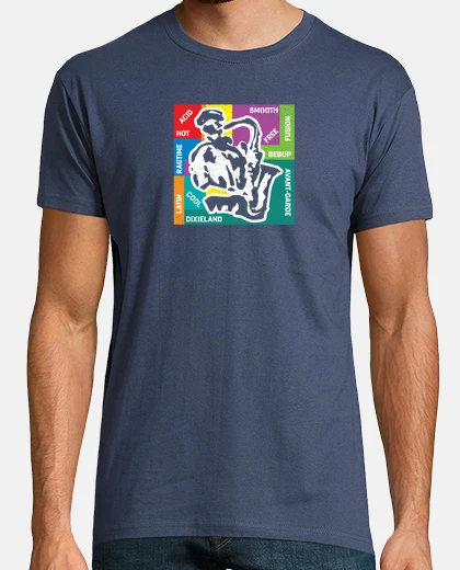 Camiseta saxofonista con géneros de jazz
