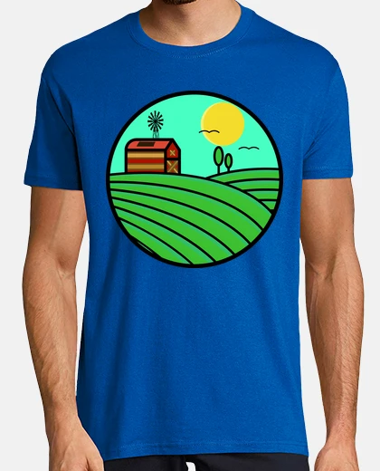 T-shirt scena di campagna con fienile e mulino
