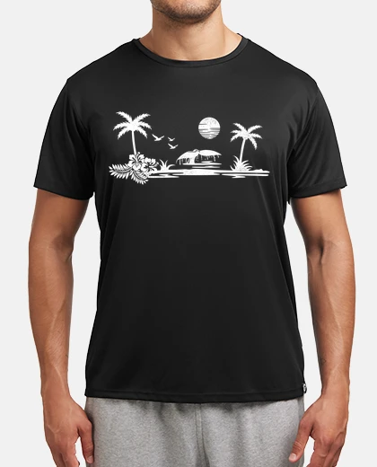 Tee-shirt scène vagues de surf tropicales palmiers soleil baleine fleurs hibiscus