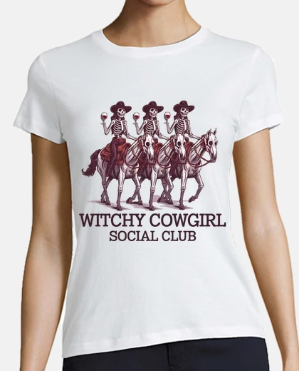 T-shirt scheletri di streghe a cavallo rosso vino con scollo a v