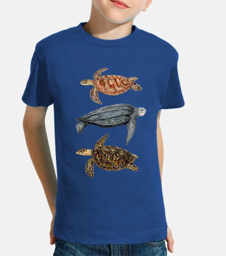 Kids sea turtles green turtle, leatherback and hawksbill child, short sleeve, royal blue