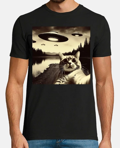 T-shirt selfie di gatto con ufo
