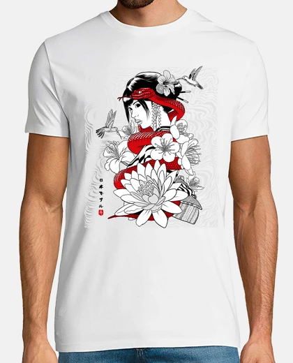 T-shirt serpente e colibrì con geisha