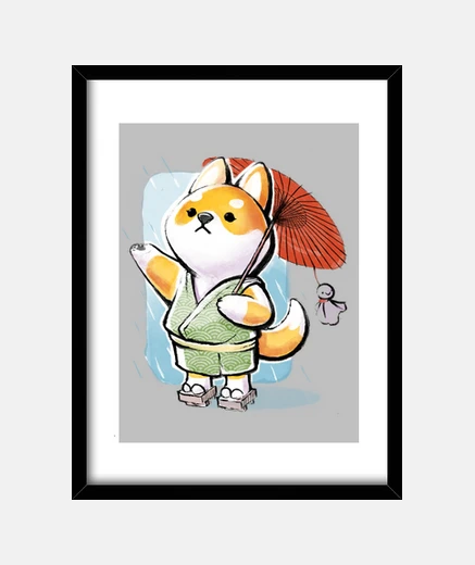 Framed shiba inu rain - japan kimono - dog love