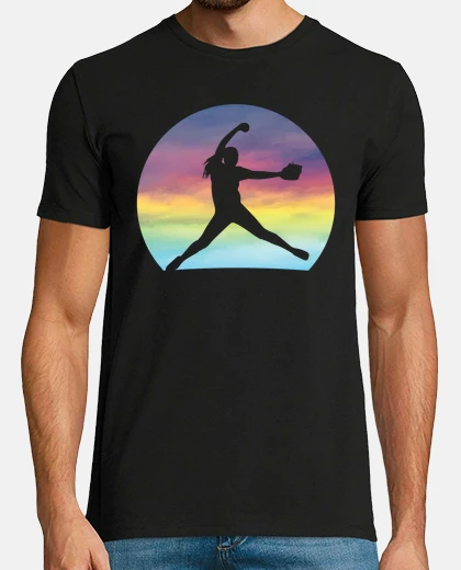 Tee-shirt silhouette de lanceur de softball pour femmes coloré rétro coucher de soleil
