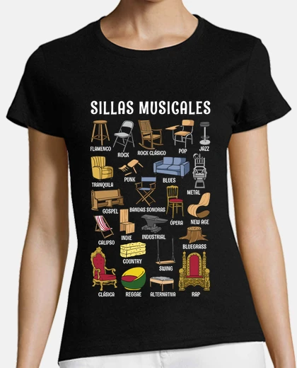 Camiseta Sillas Musicales Tipos de Música Rock Pop Flamenco