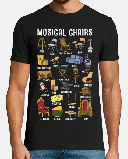 Camiseta Sillas Musicales Tipos de Música Rock Pop Flamenco