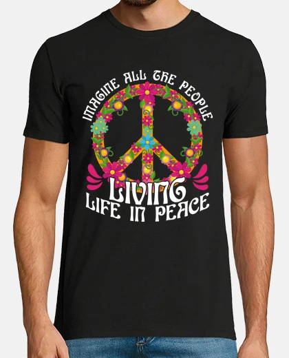 T-shirt simbolo pace amore immagina canzone dei beatles hippie floreale in inglese
