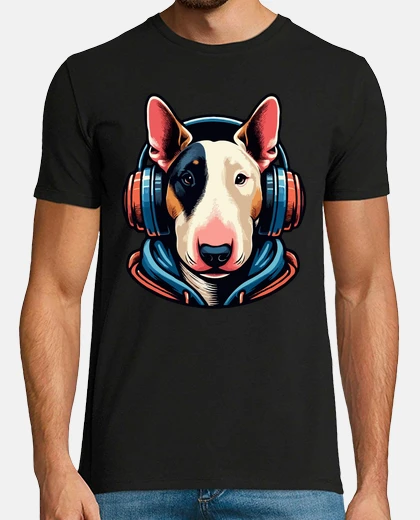 T-shirt simpatico bull terrier con le cuffie
