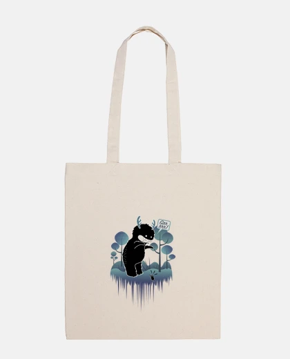 Bag simpatico forest monster with horns giving a mouse a scare - 100% cotton fabric bag