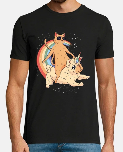 T-shirt simpatico gatto che cavalca un carlino 