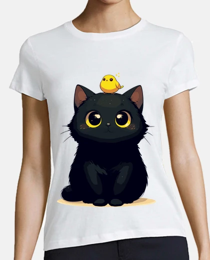 T-shirt simpatico gatto nero e uccello giallo