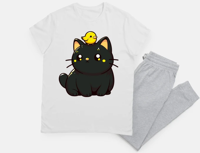 Pigiama simpatico gatto nero e uccello giallo