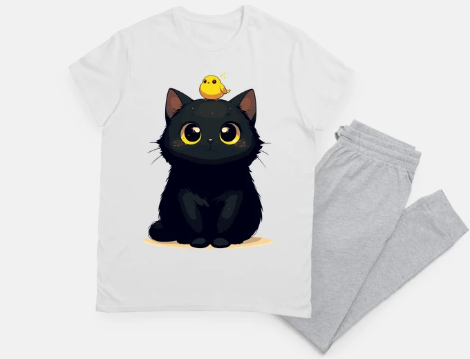 Pigiama simpatico gatto nero e uccello giallo