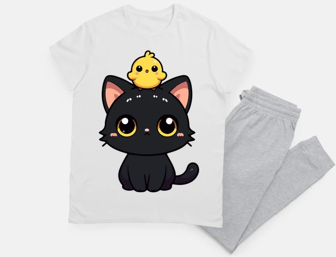 Pigiama simpatico gatto nero e uccello giallo