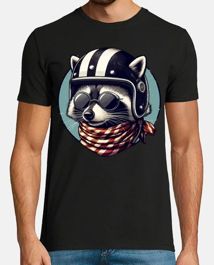 T-shirt simpatico procione motociclista con un 